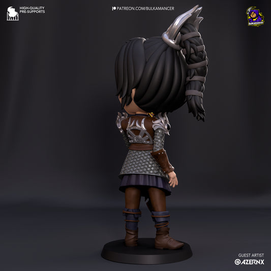 Rear view of the chibi Shadowheart figurine, showing her braided ponytail, armor details, and flowing tunic.