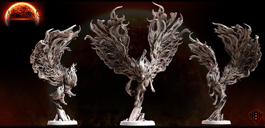 Cinder Lion Pose 1 airborne with wings fully extended, leaping forward from a rocky base.