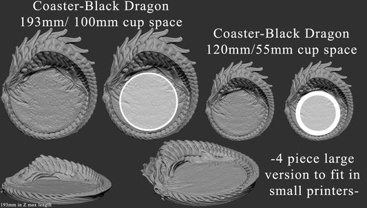 "Black Dragon Coaster designs showing different views, including options for 100mm and 55mm cup spaces. The coasters feature a coiled dragon head design with textured details and a four-piece large version for compact 3D printers.