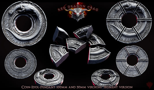 Painted Red Dragon Coin Pendant set for fantasy RPGs, featuring detailed dragon reliefs, segmented puzzle pieces, and ornate runic borders for use as tokens, idols, or giant pendants in tabletop games.