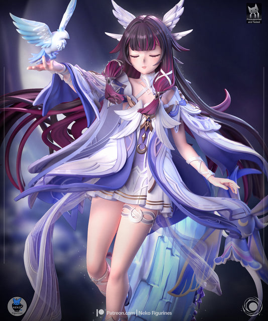 Columbina Genshin Impact statue maskless head version showing calm facial sculpt flowing hair and crescent base