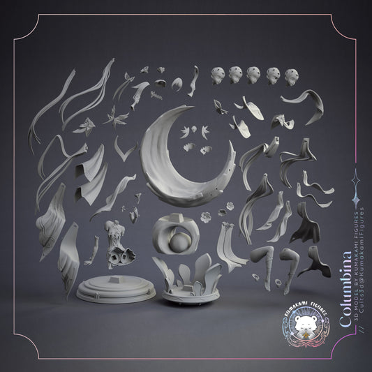 Columbina Genshin Impact 1:8 scale figure parts layout showing crescent moon base, flowing hair segments, robes, arms, legs, and three interchangeable head options