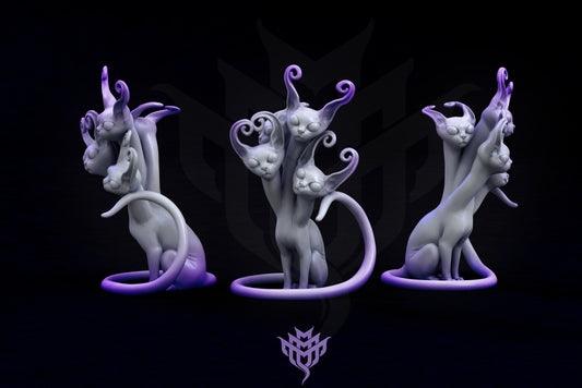 A cat-like creature with multiple heads and curled horns, each head gazing in different directions.