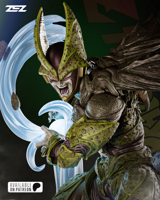 Close-up of one of Cell’s smaller forms with a sinister expression, posed mid-motion with clawed hands.