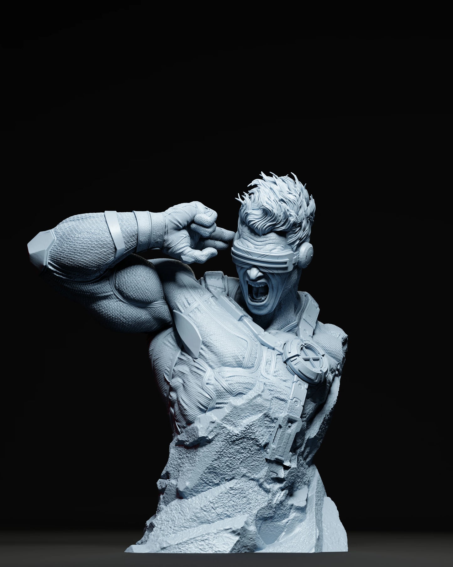 Cyclops bust roaring mid-optic blast with detailed textures on visor, costume, and leather straps.