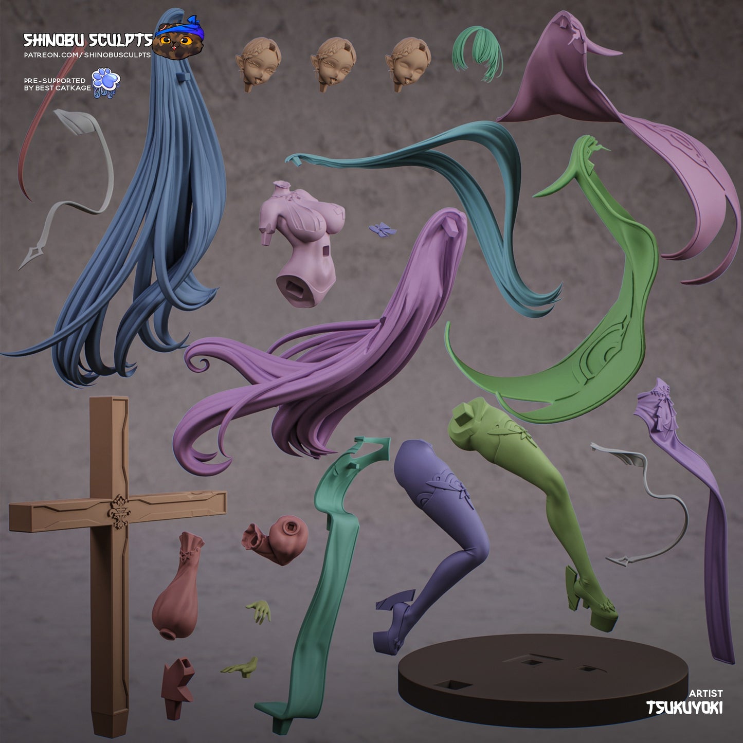 Duguay Trouin figure breakdown showing modular components including head options, limbs, base, and cross structure for assembly.