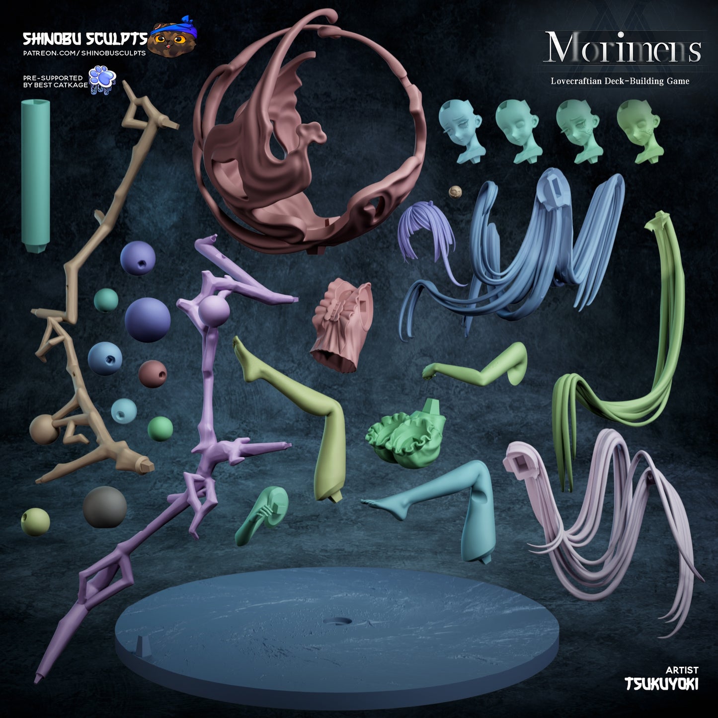 Disassembled parts layout of Faint figure, showing individual components including limbs, hair, base, and structure segments.