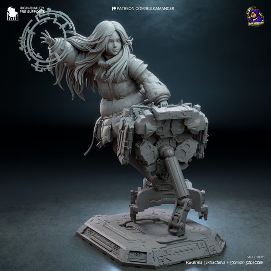 Diana Pragmata 1:8 scale resin statue front grey render featuring floating pose and futuristic mechanical platform