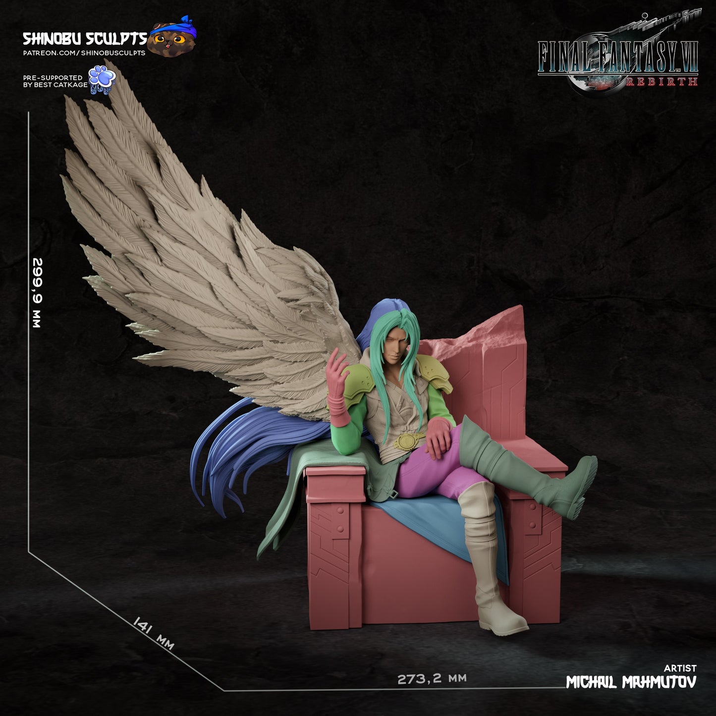 Dimension reference image of Sephiroth figure, standing 299.9mm tall with wide throne base and dramatic wing spread.