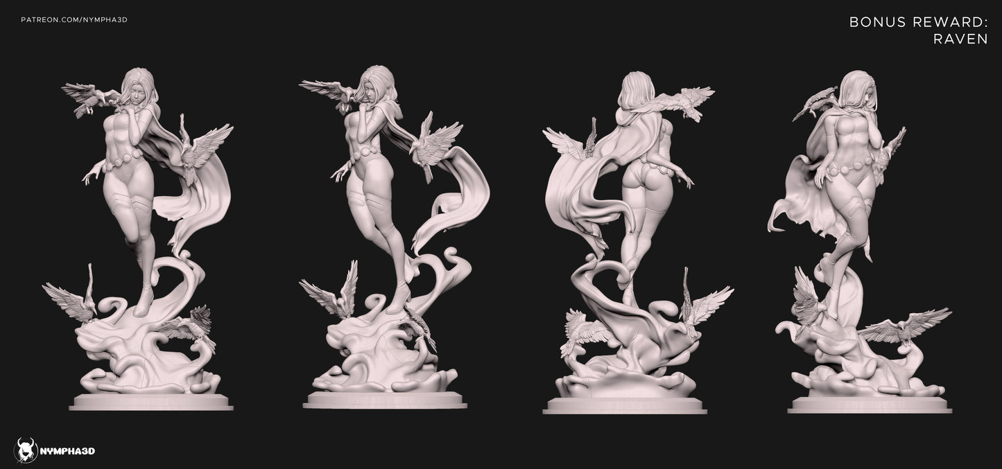 Raven – Model Turnaround Views: 3D sculpt render showing front, side, and rear poses with swirling magic base.