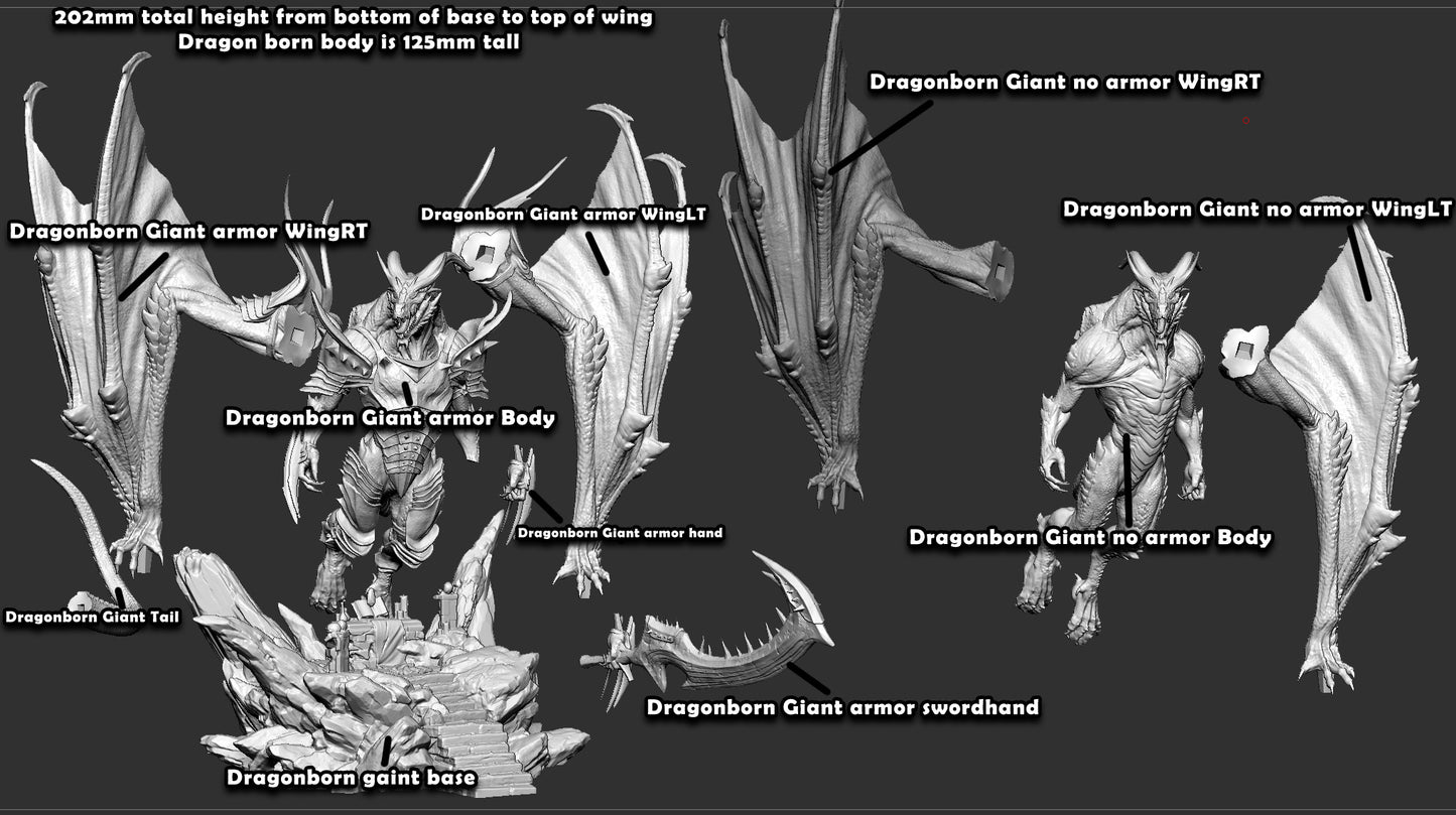 Diagram of Dragonborn Giant with labeled parts, including wings, base, and weapon dimensions.