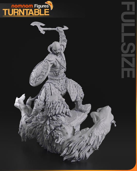 Dragonborn Skyrim 1:10 scale resin statue front view axe raised shield forward standing over creature rocky base