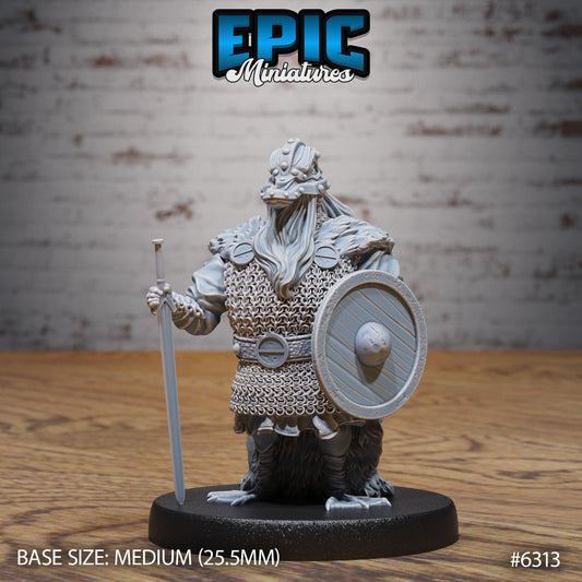 duck bandit resin miniature beastfolk fighter holding sword and round shield defensive stance dungeons and dragons tabletop character