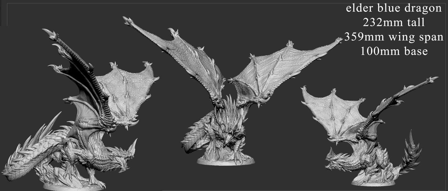 Unpainted Elder Blue Dragon 3D model render, 232mm tall, 359mm wingspan, 100mm base, revealing fine sculpt details of wings, spines, and textured body for tabletop gaming and display.