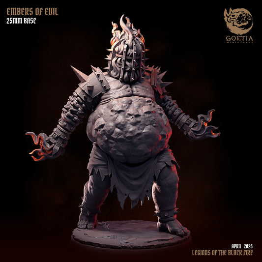 Embers of Evil bloated infernal horror resin tabletop miniature with flaming cage helm swollen flesh body horror details and dark fantasy abyssal aesthetic for Dungeons and Dragons Pathfinder Shadowdark and MORK BORG