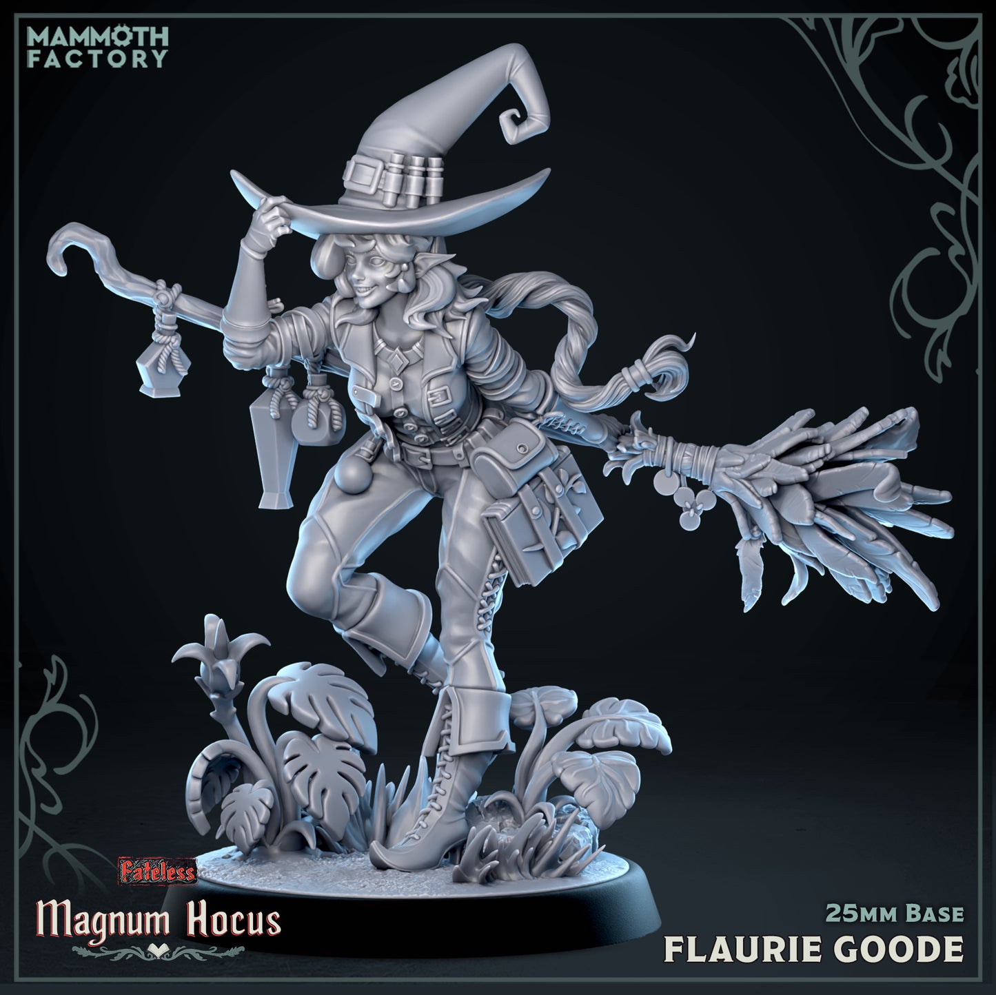 Flaurie Goode whimsical witch resin miniature flying on a broom through enchanted foliage from Magnum Hocus