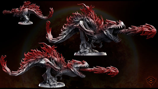 Multiple views of Forged Fire Rex model showing flame breath, flaming spine, and dynamic stance