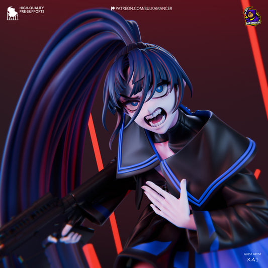 Close-up of Ado “Usseewa” inspired anime figure with fierce expression, bared teeth, blue-highlighted hair, black uniform, and rifle ready.