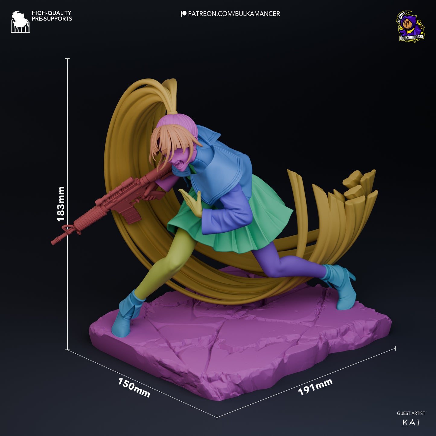3D render of Ado “Usseewa” inspired figure with dimensions labeled, posed mid-stride on a textured base with swirling ponytail and rifle.