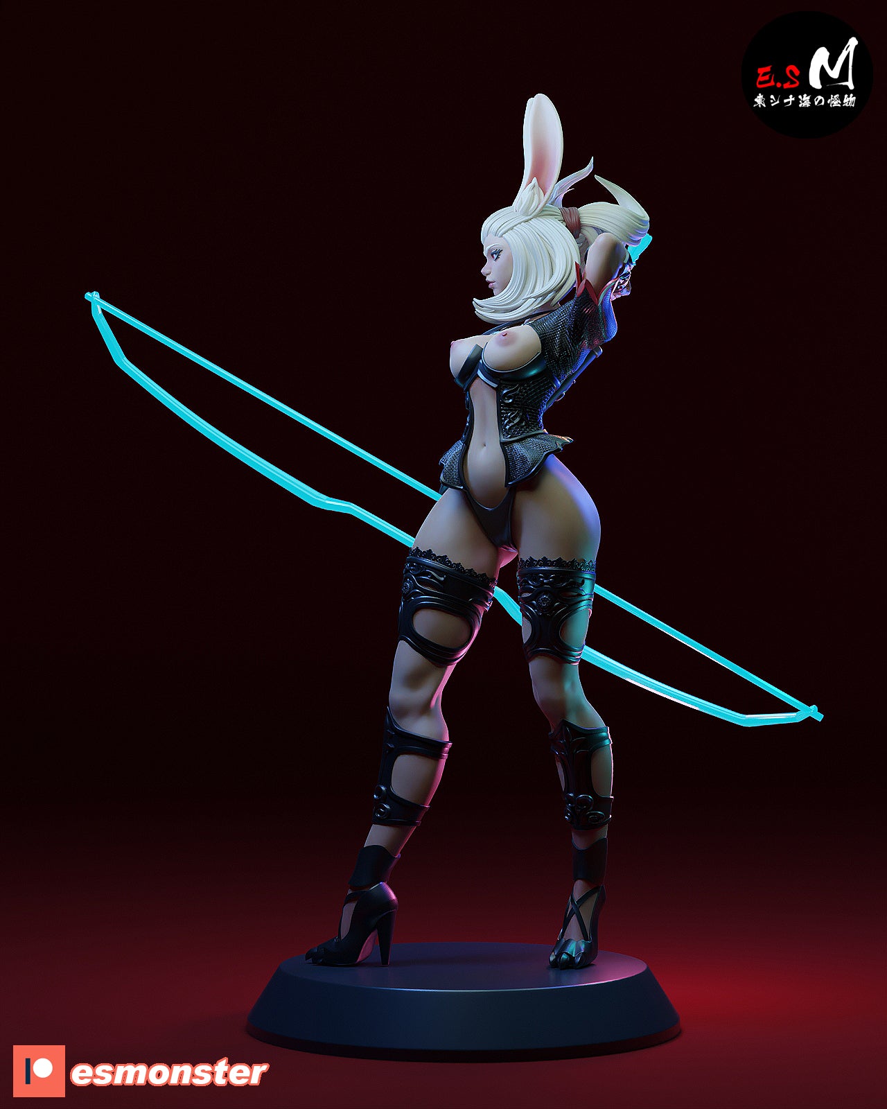 Fran Final Fantasy XII side view figure NSFW, Viera archer stance, bow and armor detail, anime fantasy statue