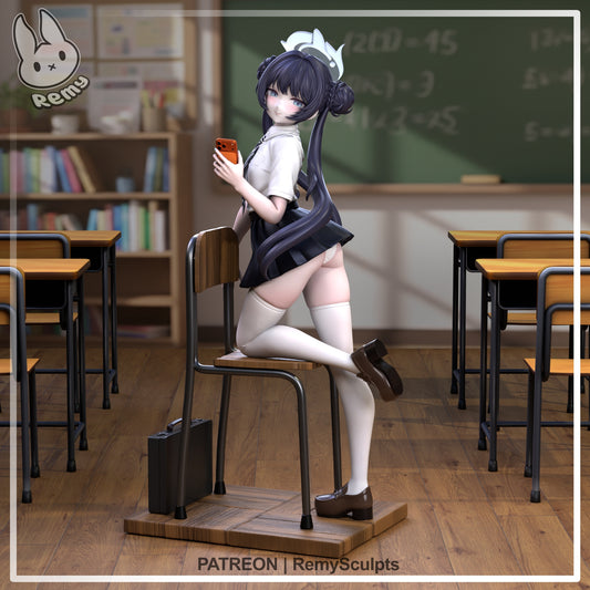 Ryuuge Kisaki Blue Archive figure full front view kneeling on classroom chair holding phone with school uniform thigh highs long ponytails classroom base 1 7 scale anime collectible