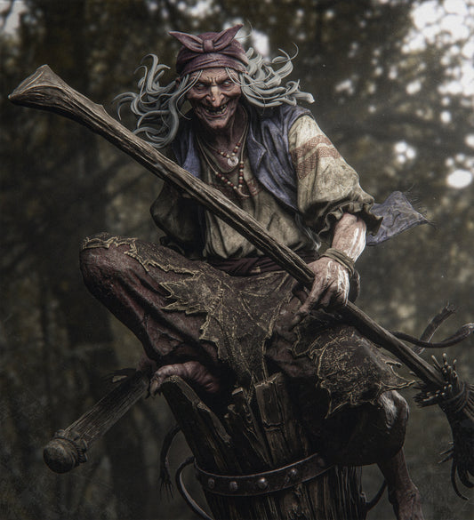Close-up of Baba Yaga's snarling face, crooked nose, and flowing hair, with detailed worn clothing and necklace.