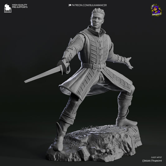 Full figure of Wyll wielding a sword, poised dynamically on a textured terrain base.