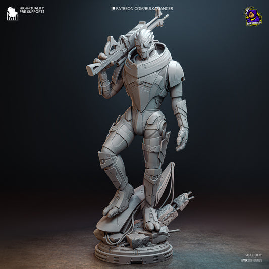Garrus Vakarian Mass Effect 1:8 scale resin statue front grey render featuring Turian armor and rifle pose
