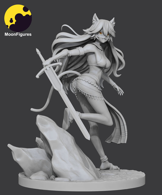 anime cat girl grey model sculpt cat ears tail sword detailed resin figure