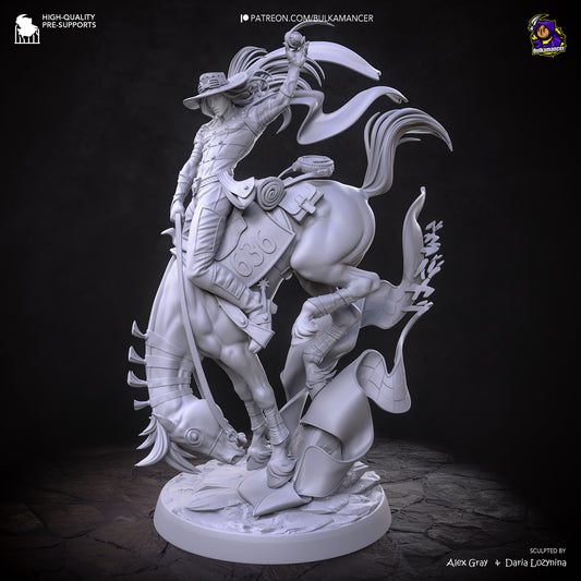 Gyro Zeppeli JoJos Bizarre Adventure unpainted resin statue grey render front angle with horse and flowing scarf