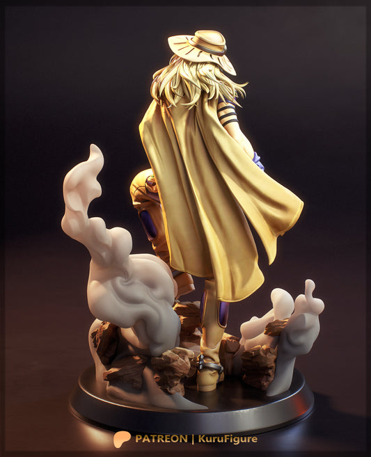 Gyro Zeppeli JoJos Bizarre Adventure 1:7 scale resin statue rear render with flowing cape long hair smoke effects and western inspired outfit