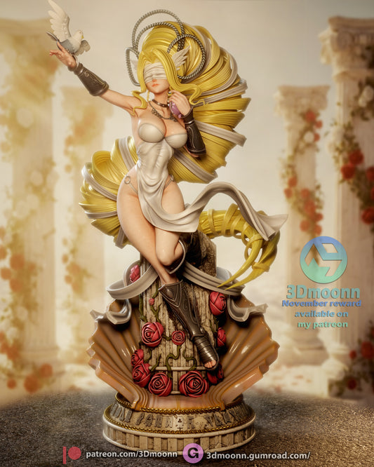 Venusmon full view with outstretched arm releasing a dove, blindfolded, wearing a sleek white dress and ornate boots, posed atop a decorative shell base.