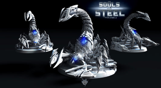 Harvestman Swarf Pose 2 towering at 105mm tall with an elevated base featuring ruined stone steps. The tail is fully coiled, and armor plates fan outward in an intimidating display.