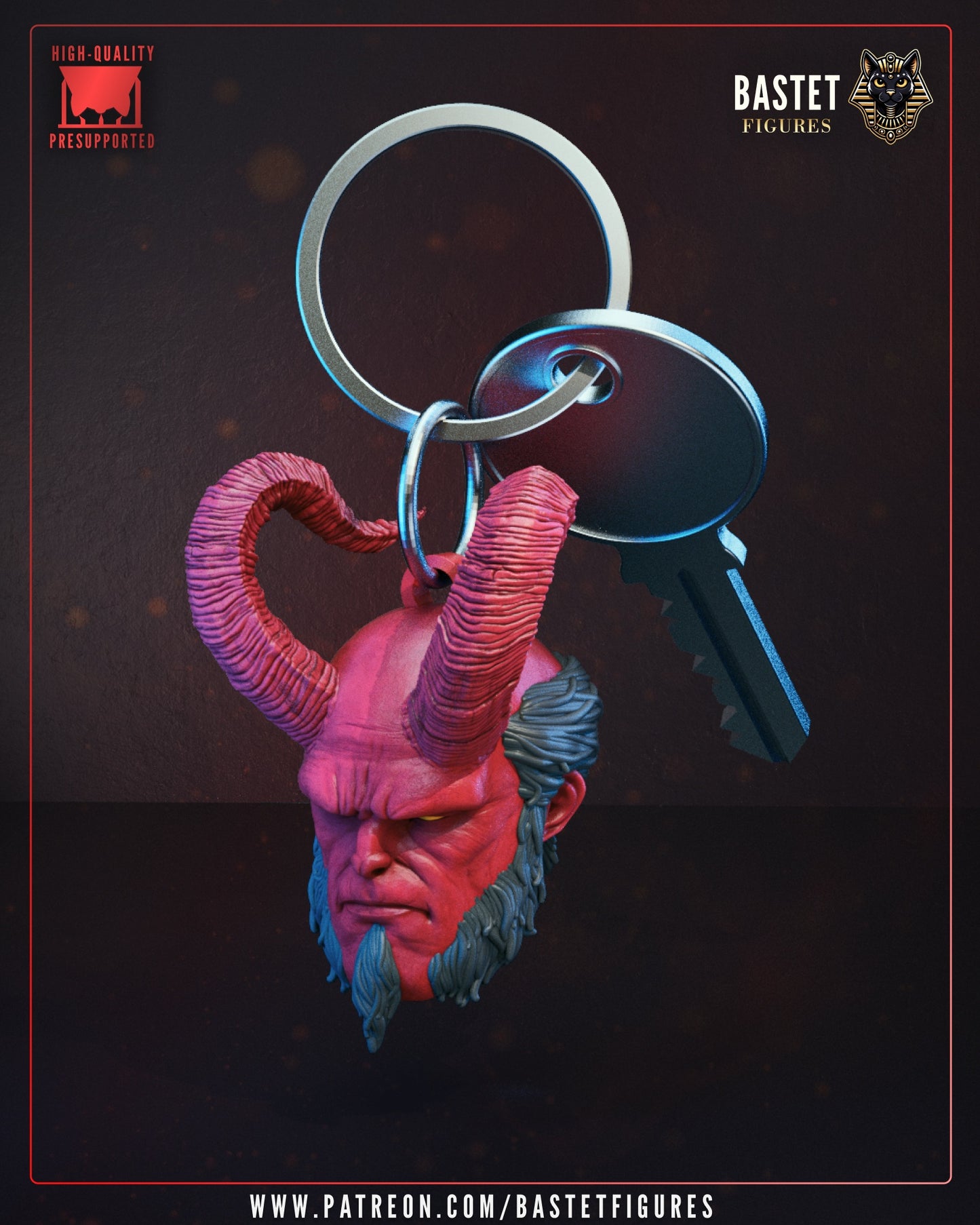 Hellboy keychain from Dark Horse Comics featuring the horned demon head design with detailed facial sculpt and attached metal keyring