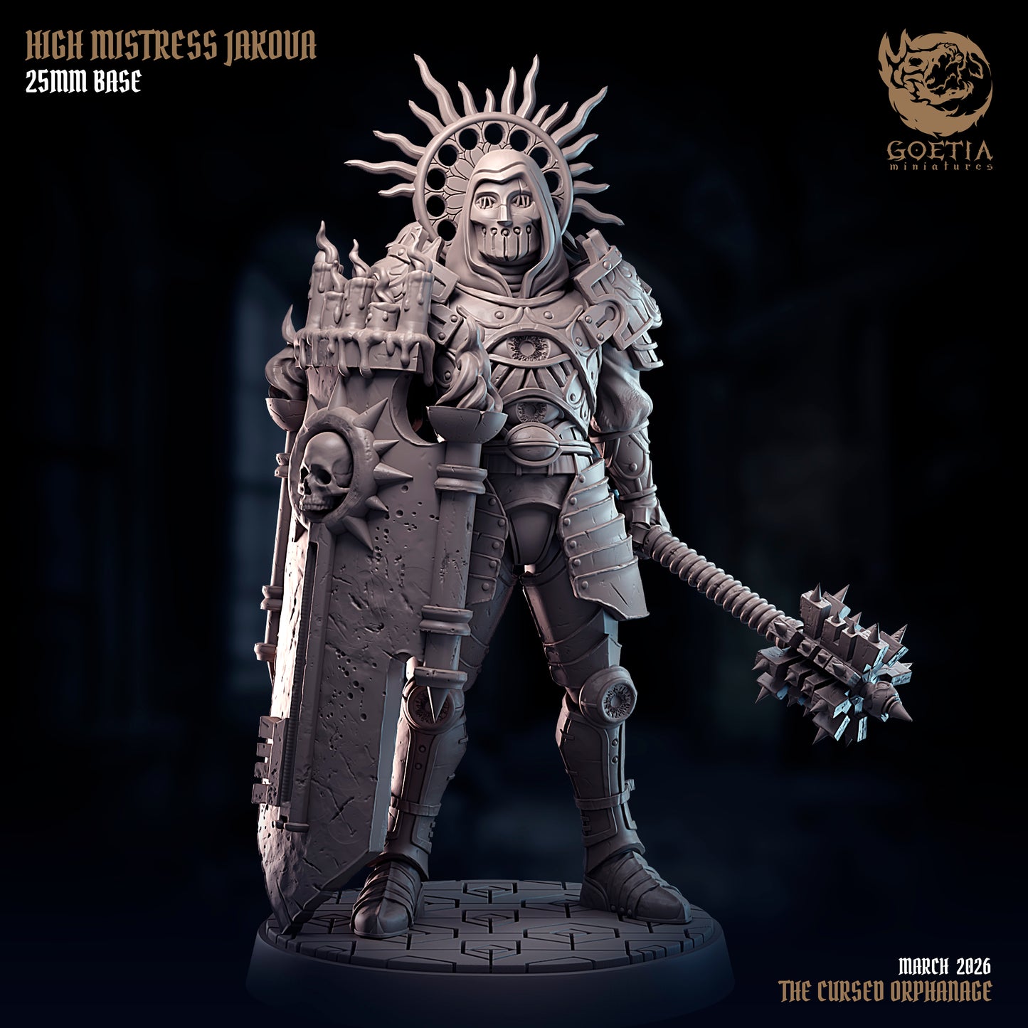 High Mistress Jakova human cleric fighter resin tabletop miniature with giant shield spiked mace ritual armor holy halo grimdark Dungeons and Dragons miniature dark fantasy RPG warrior