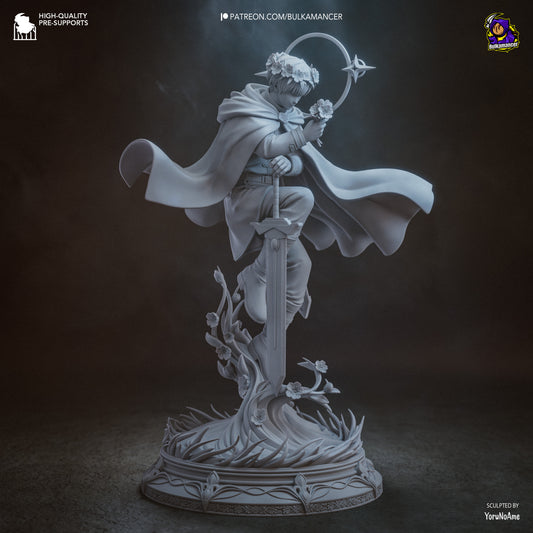 Himmel resin statue front pose, anime hero holding flower, sword planted base, Frieren Beyond Journeys End figure