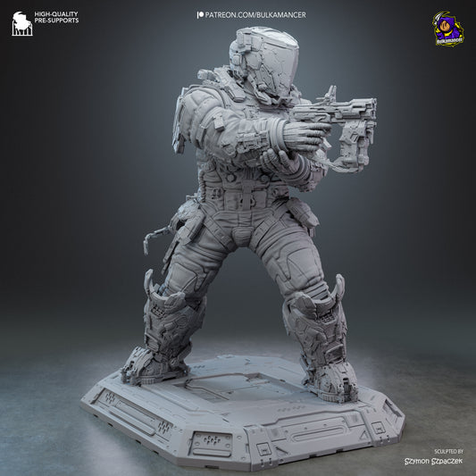 Hugh Pragmata 1:8 scale resin statue front grey render with armored astronaut suit and tactical stance