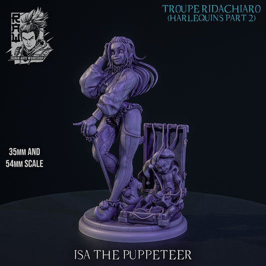 Isa the Puppeteer gray render featuring female harlequin bard resin miniature with puppet case striped stockings jester attire and grimdark carnival styling