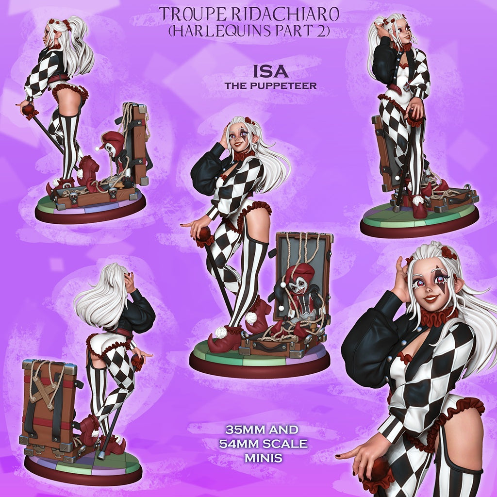 Isa the Puppeteer painted collage render showing female carnival bard miniature with sinister puppet chest theatrical pose striped leggings and dark fantasy circus aesthetic