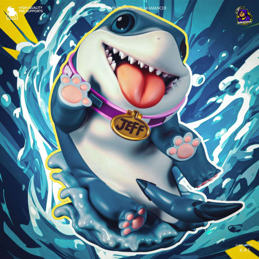 Chibi Jeff the Shark miniature, smiling with a playful tongue-out expression, sitting on waves with a collar reading "Jeff."