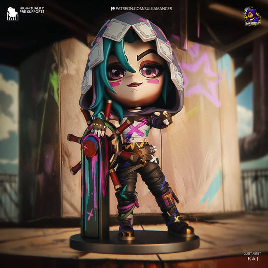 Colored chibi Jinx figurine render from Arcane/League of Legends, wearing her vibrant attire, standing next to a colorful steering wheel with dynamic background details.