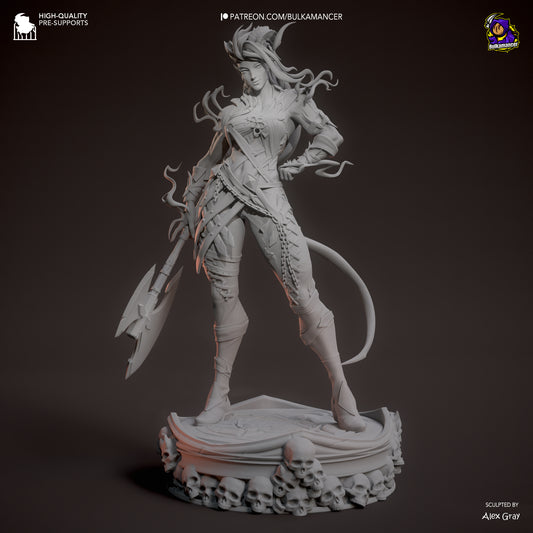 Grey render of Karlach in a battle-ready stance holding her axe downward with flames rising from her body, standing on a detailed skull platform.