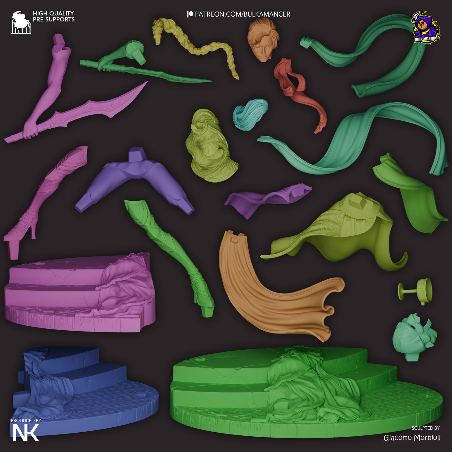 Exploded view of Katarina figure showing all individual parts for assembly and painting