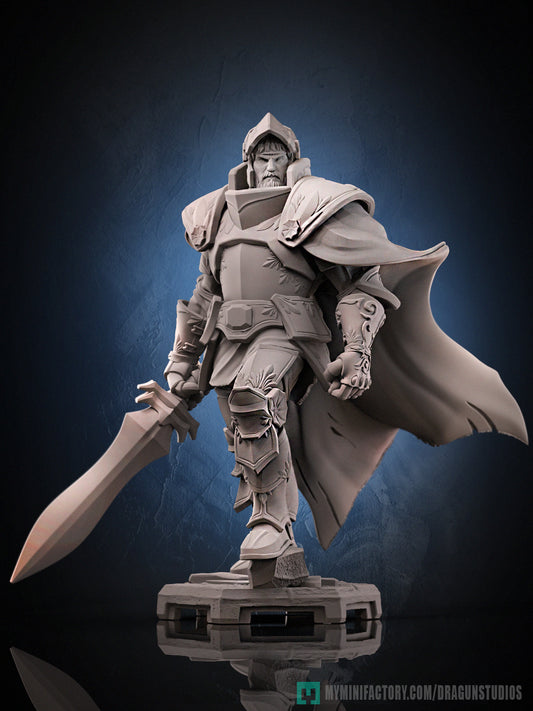 King Arthur human fighter resin tabletop miniature front clay render inspired by Knights of the Round with engraved armor massive sword royal cape and medieval fantasy warrior stance for tabletop RPGs