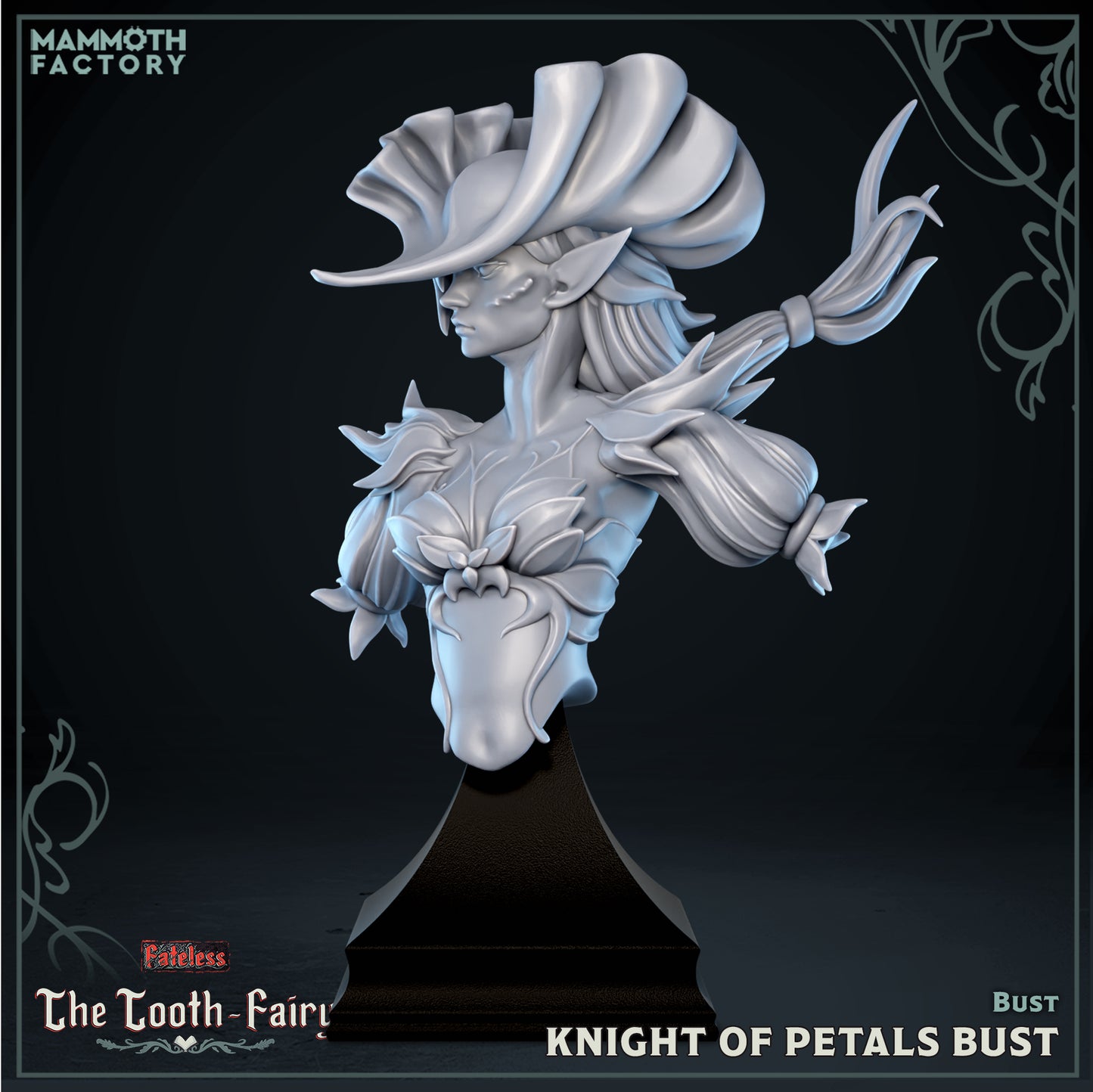 Knight of Petals Bust Fateless resin display bust featuring an armored fey warrior with elaborate floral attire and flowing hair.