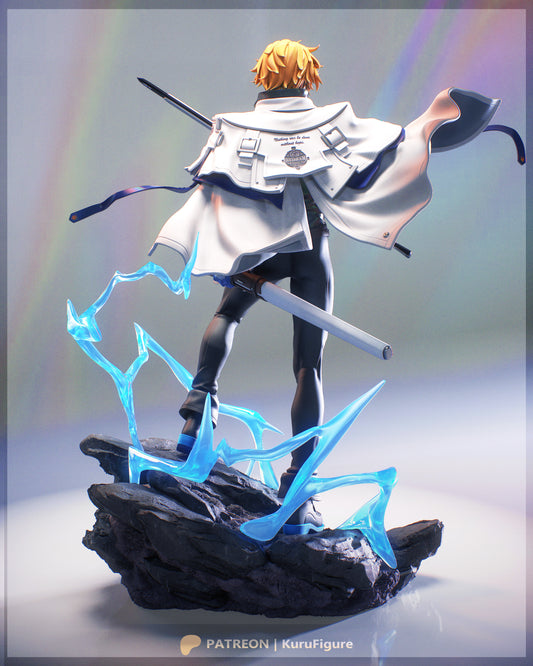 Ky Kiske Guilty Gear 1:7 scale resin statue rear render with flowing coat rocky base translucent lightning effects anime collectible