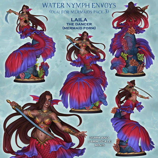 Laila the Dancer mermaid form resin tabletop miniature collage featuring aquatic bard dancer with massive flowing tail coral base and curved sword
