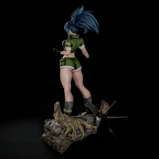 Rear view of Leona Heidern 1:6 scale collectible figure from The King of Fighters, showing detailed uniform, boots, and dynamic hair sculpt over a destroyed propeller base.