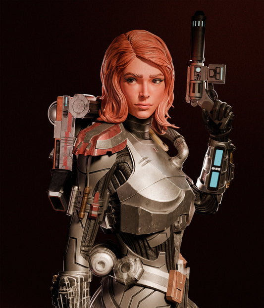 Unpainted side profile view of Shae Vizla figurine wearing Mandalorian-inspired armor with a helmet, backpack, and blaster raised in her right hand.