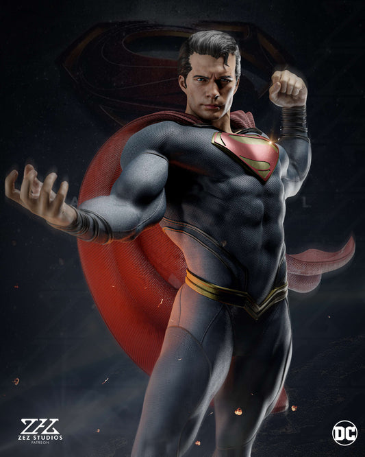 Close-up of Superman figurine highlighting his iconic pose, facial detail, and superhero emblem.